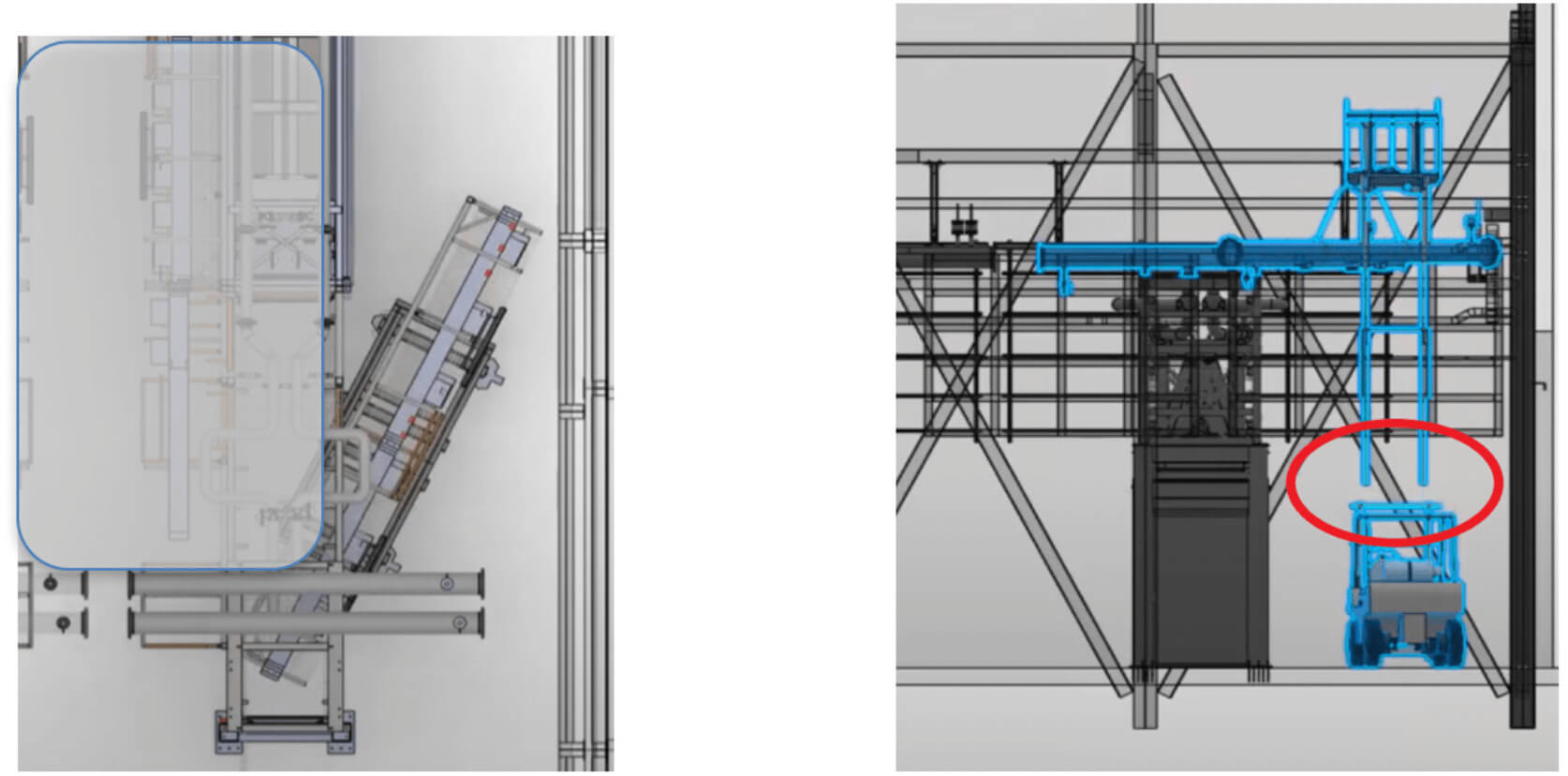 Figure 3: Shows clearance tolerance of moving a module on dolliesFigure 4: A new product installer suggested a different sequencing of the modules. A simulation showed the proposed sequence would not work with the equipment available