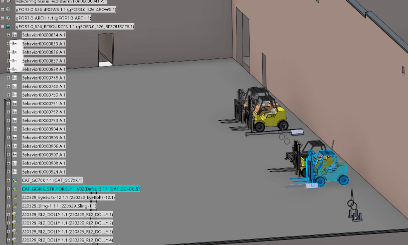 Figure 12: A PPR tree with specified equipment on a site. Current work is focused on printing the actual location and tracks for components (e.g. anchor bolts), material inventory and equipment on the site floorplate as a means of instructive field teams