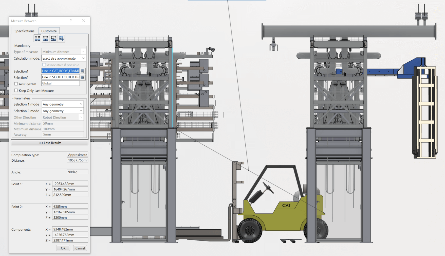 Figure 13: A specified forklift needs additional clearance behind it in order to perform the necessary actions. The forklift can be used in all rows except the last, where a wall prohibits the forklift from accessing the required clearance.