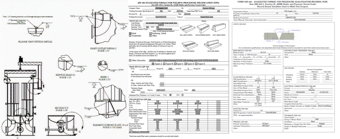 Fabrication drawings, welding procedure specification, and procedure qualification records