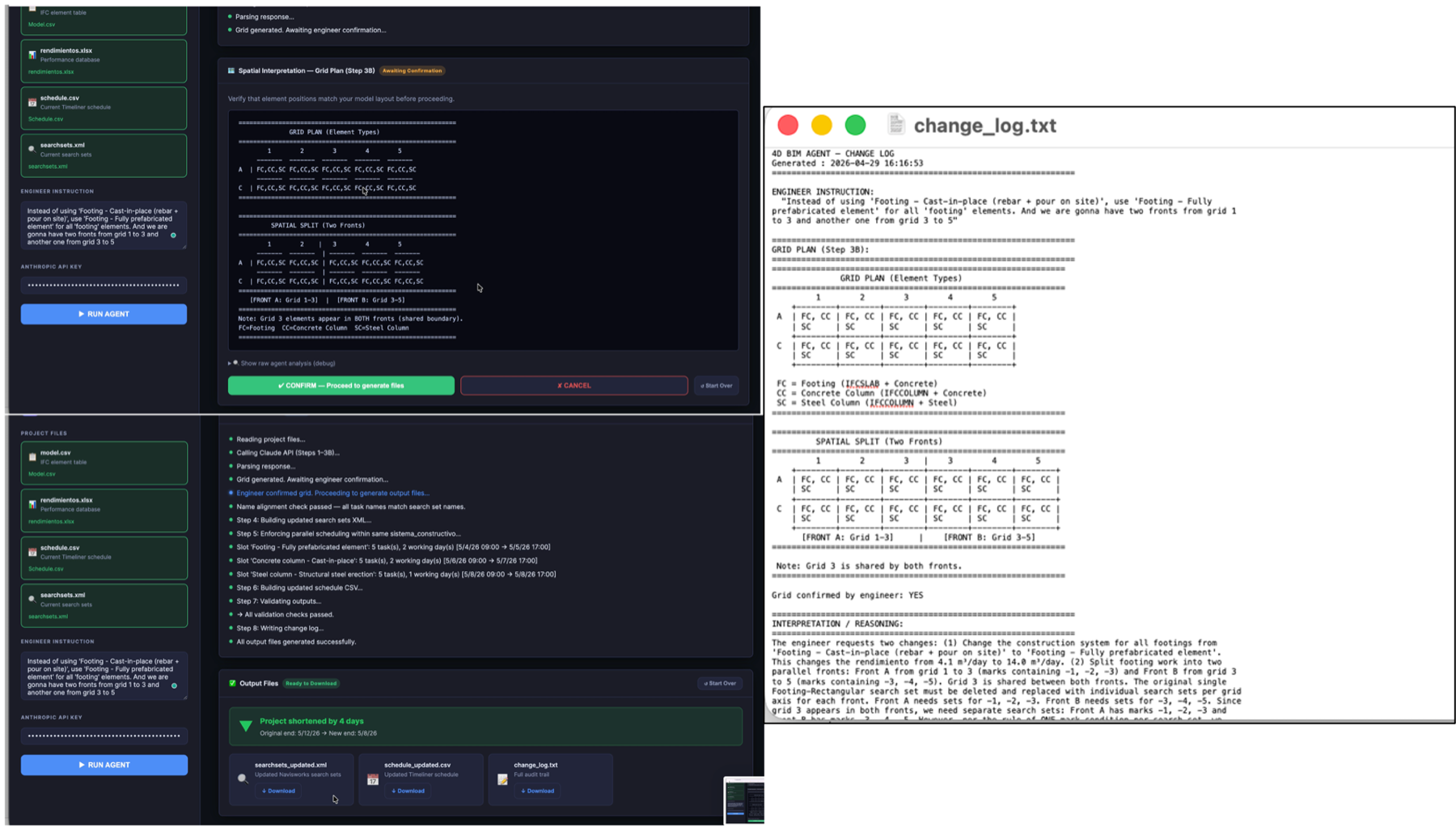 AI-driven 4D BIM user interface and generated change log during the pilot test