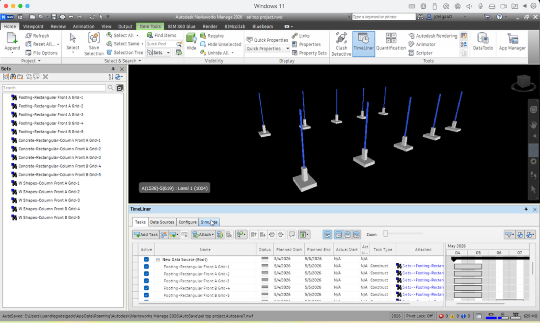 Automated 4D BIM simulation in Autodesk Navisworks using updated search sets and schedule outputs