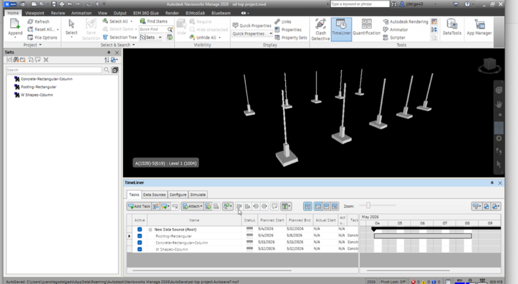Initial Navisworks 4D model with search sets