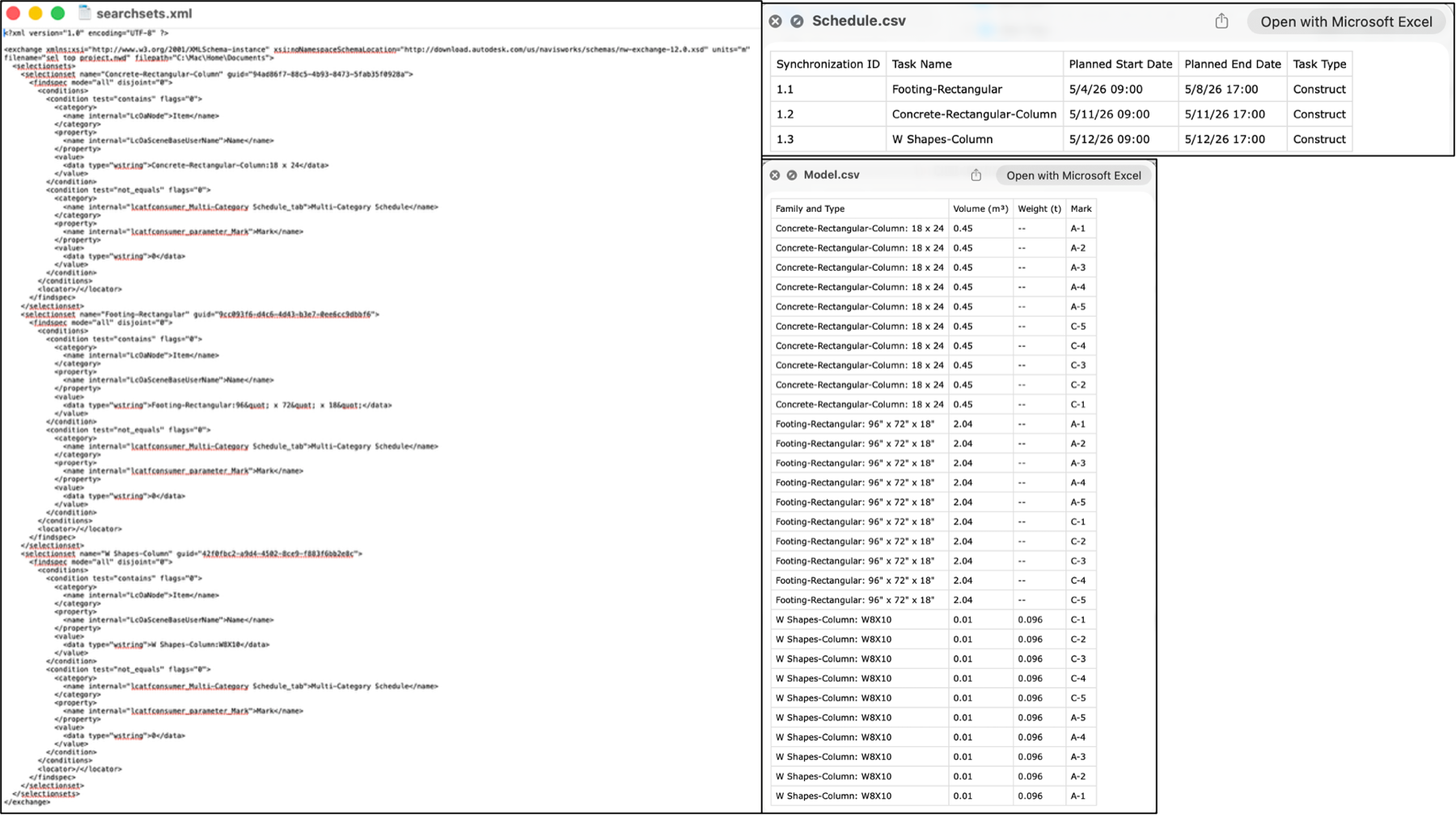 Three AI-driven 4D BIM system inputs: Navisworks search sets, baseline schedule, and BIM model parameters