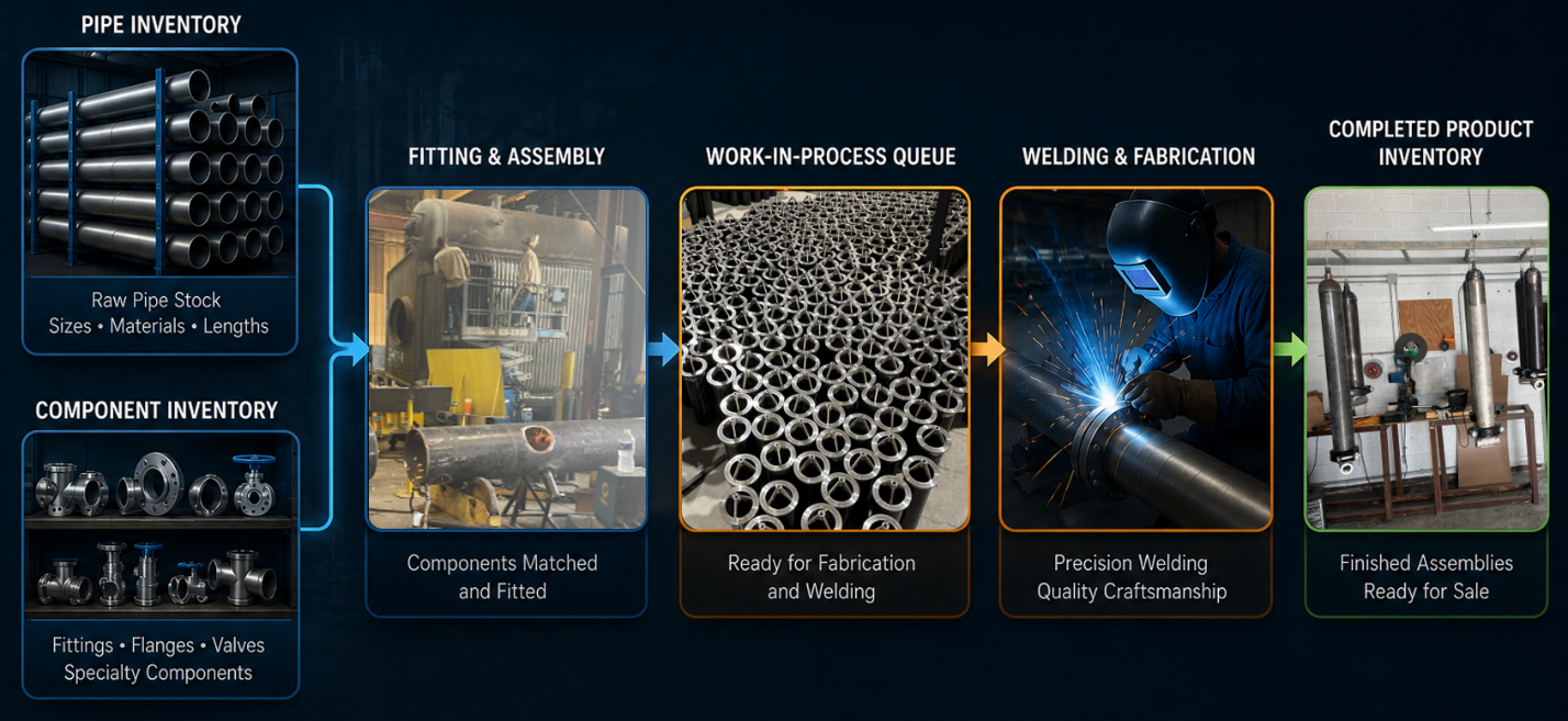 Pipe fabrication production flow from inventory through fitting, welding, and completed products